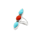 Mexican Turquoise Ring  - 2 Pear Cabochons with Round Red Coral Cabochon in Center Set in 925 Sterling Silver Bezel & Dainty Open Top Band sz6