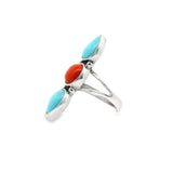 Mexican Turquoise Ring  - 2 Pear Cabochons with Round Red Coral Cabochon in Center Set in 925 Sterling Silver Bezel & Dainty Open Top Band sz6