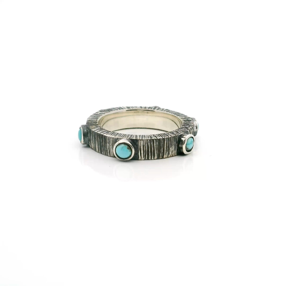 Turquoise Ring with 6 Rounds Cabochon All Around Bezel Set in Oxidized 925 Sterling Silver Band