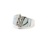 White Opal Inlay Art Deco Ring with 3 White Czs Stacked Sz9