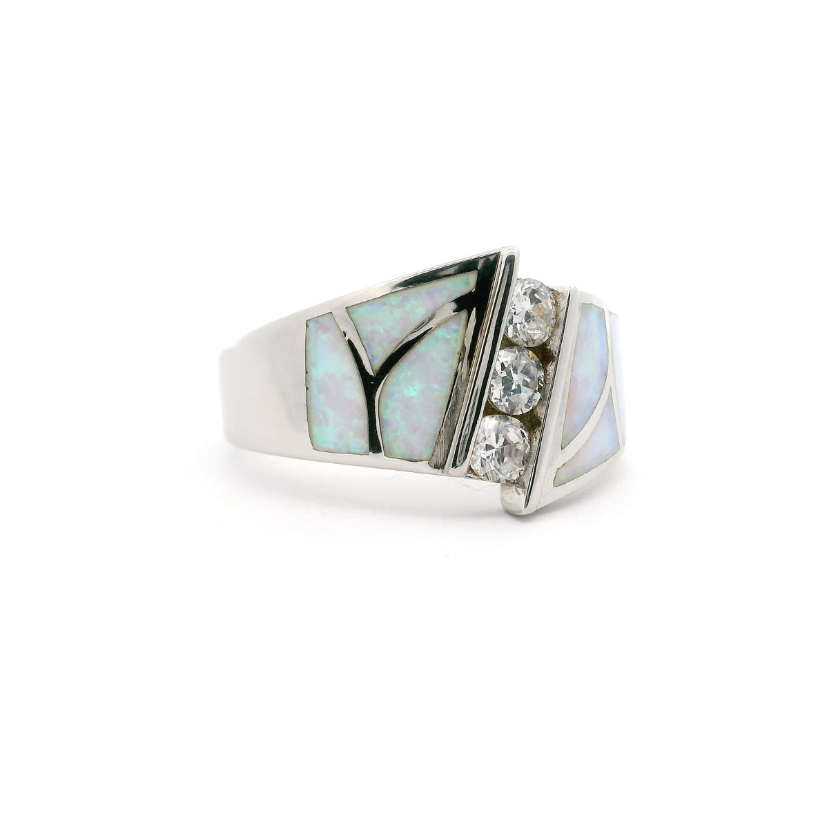 White Opal Inlay Art Deco Ring with 3 White Czs Stacked Sz9