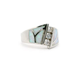 White Opal Inlay Art Deco Ring with 3 White Czs Stacked Sz9