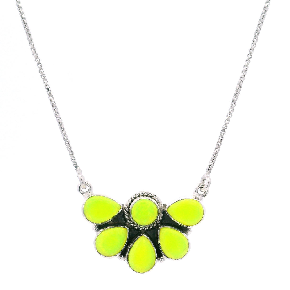 Yellow Balloon Opal Kachina Floral Design Necklace on Box Chain with Stops at 15" thru 19"