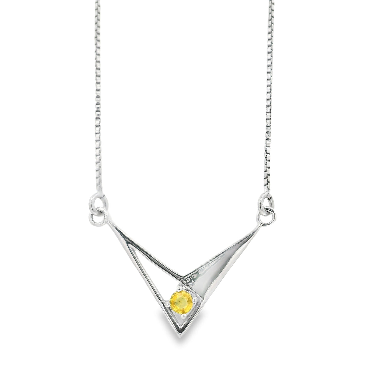 Faceted Yellow Sapphire Necklace - Round Prong Set on Angular Cut Out 925 Sterling Silver Chevron & Box Chain with Stops at 15" thru 19"