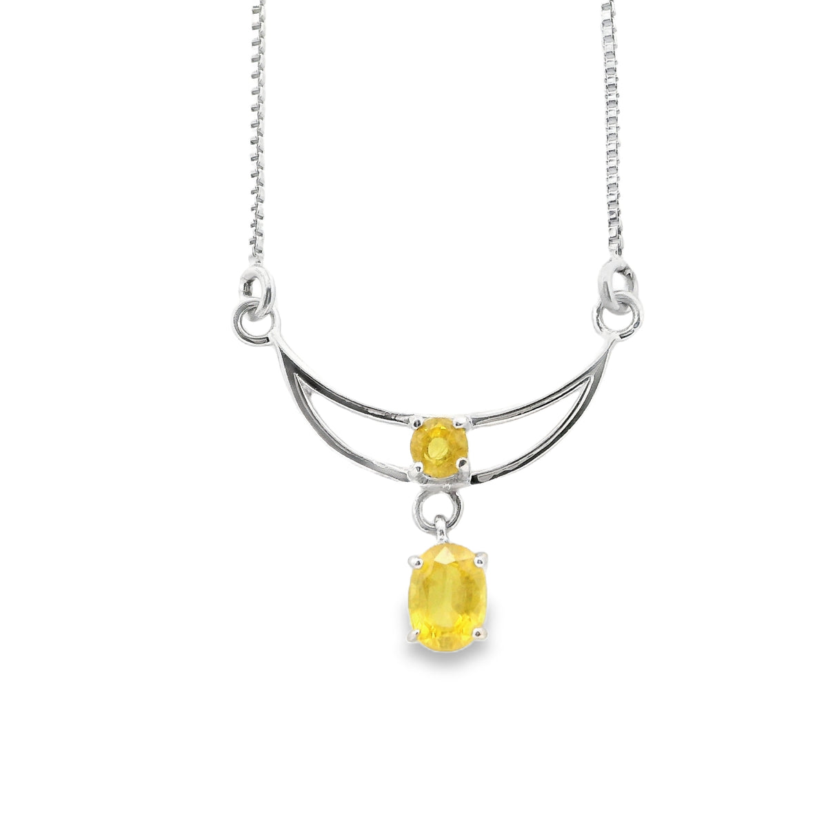 Faceted Yellow Sapphire Necklace - Round Prong Set In 925 Sterling Silver Half Moon with Faceted Dangling Oval