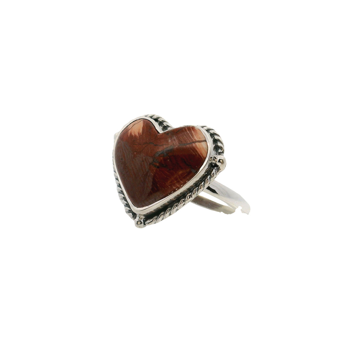 Red Jasper Ring - Heart Cabochon with Diagonal Striations & 2 Peach Patches Bezel Set with Rope Detail in Simple 925 Sterling Silver sz7