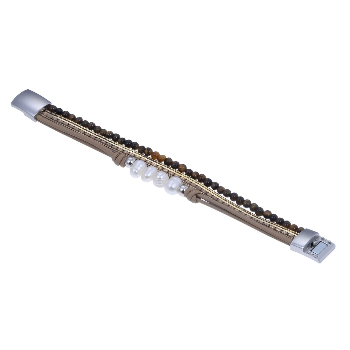 Tigers Eye & Pearls Multi Wrap Bracelet with Magnetic Clasp