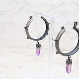 Amethyst Point Hoop Earrings with Spikes & Brushed Rhodium Finish
