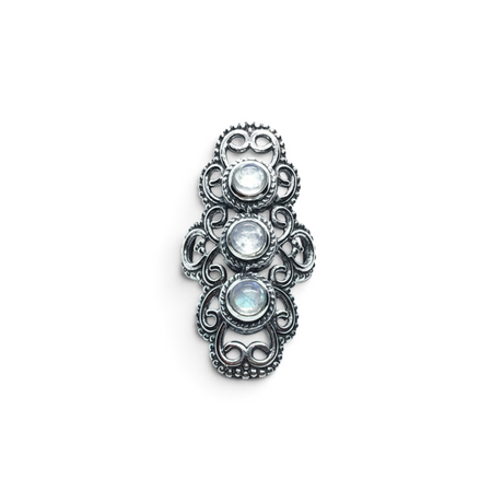 Rare Earth Gallery rainbow moonstone ring featuring three round cabochons in sterling silver filigree rope bezels.