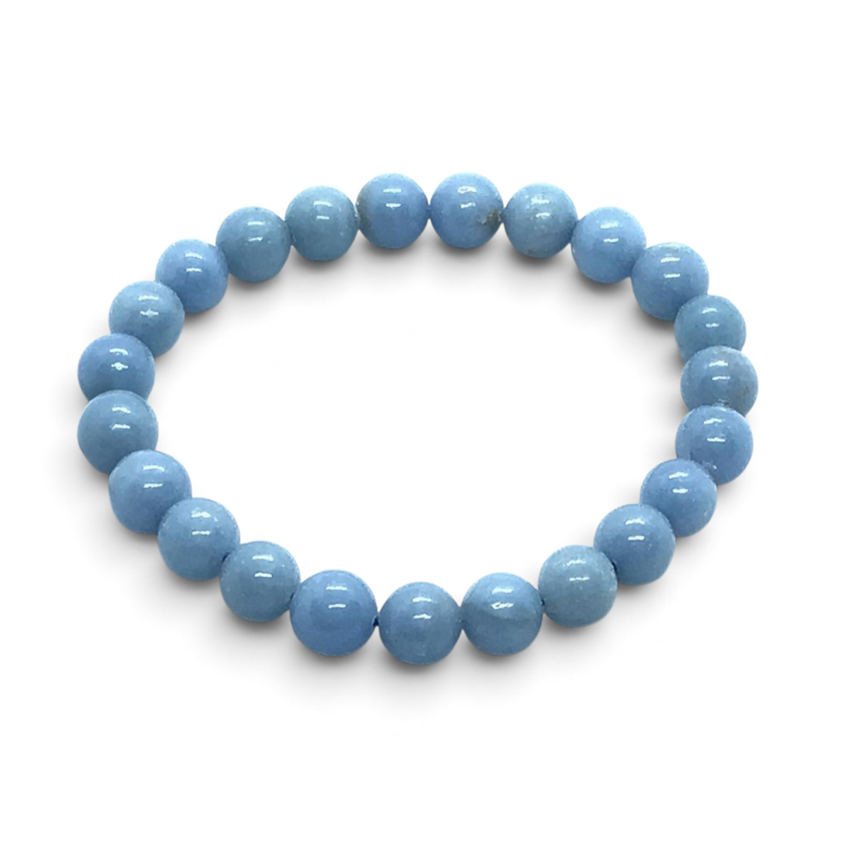Rare Earth Gallery 8mm round light blue angelite crystal bead stretch bracelet on a white background