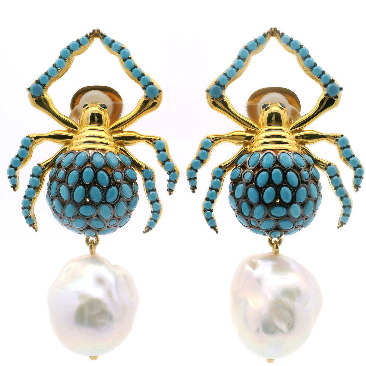 Nano Stone & Pearl Dangle Earrings - Clip-on Turquoise Spider Above Baroque Pearl in Gold Vermeil over 925 Sterling Silver