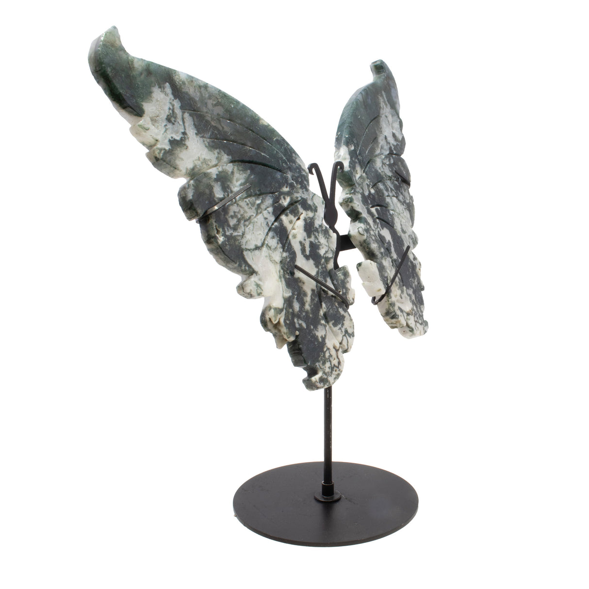 Moss Agate Butterfly Wings Carving with Stand
