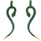 Nano Stone Dangle Earrings - Two-piece Long Green Snake with Red Eyes in Gold Vermeil over 925 Sterling Silver