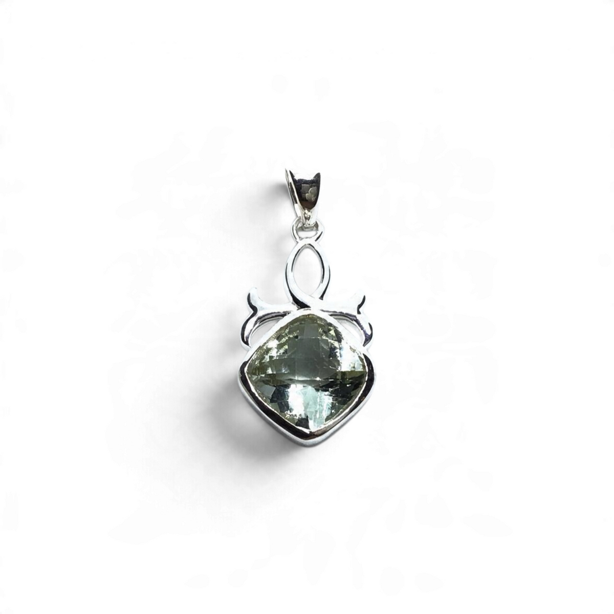 Rare Earth Gallery square faceted prasiolite pendant in a 925 sterling silver filigree bezel setting