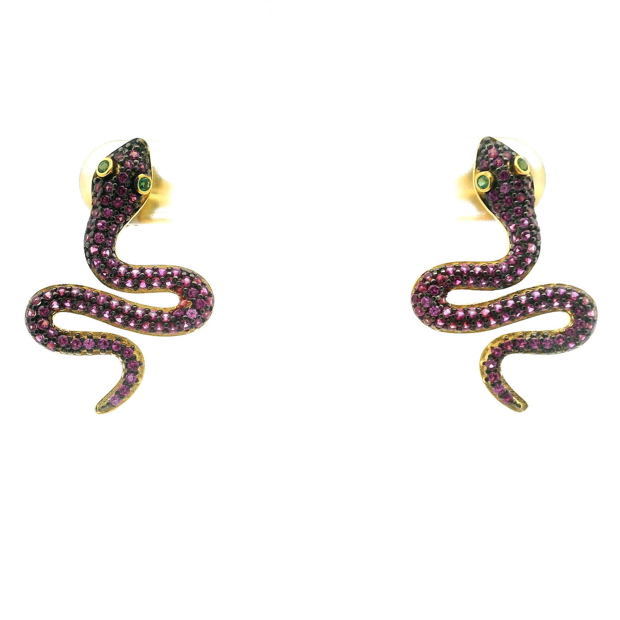 Nano Stone Stud Earrings - Pink Snake with Green Eyes in Gold Vermeil over 925 Sterling Silver
