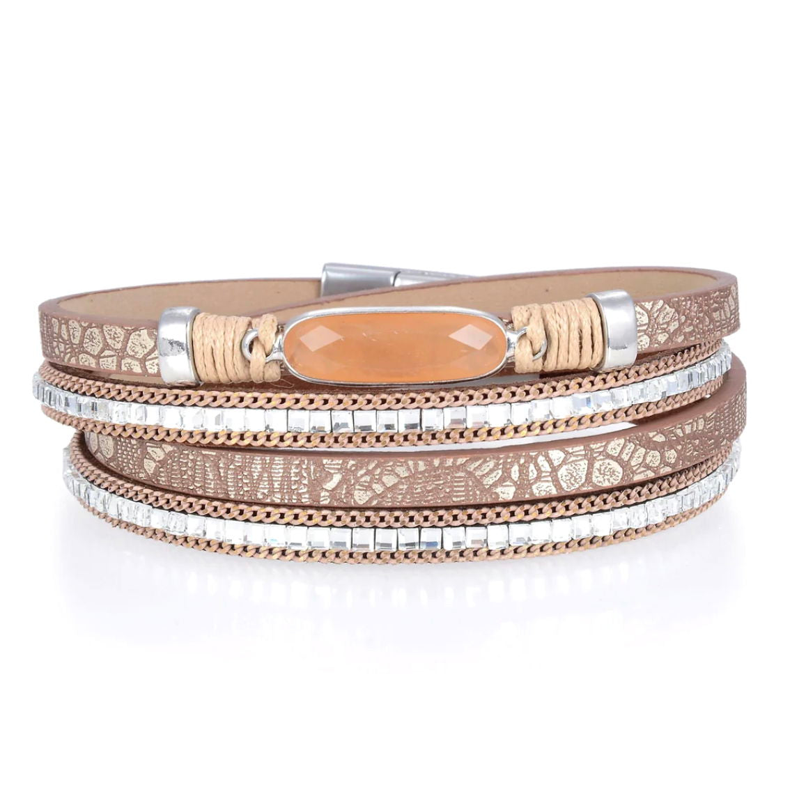 Double Wrap Animal Print on Brown Leather with Faceted Peach Oval Feature with Magnetic Clasp
