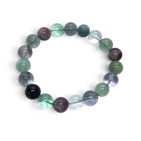 Rare Earth Gallery rainbow fluorite beaded bracelet featuring 10mm polished multi-colored gemstone spheres.