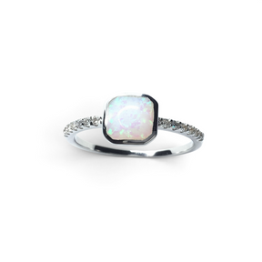 Rare Earth Gallery square white opal ring with a sparkling CZ pave band in a polished silver setting