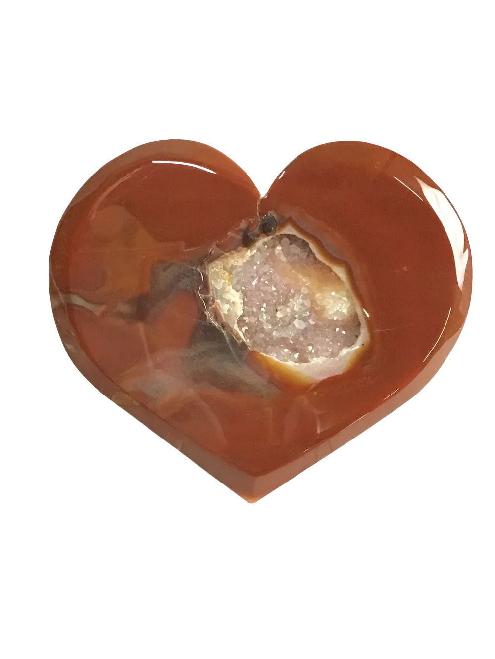 Sardonyx Carnelian Agate Heart Flat with Druze on Lucite Stand - Dark Red Surrounding Large Sugar Druze Pocket