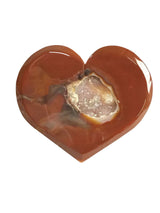 Sardonyx Carnelian Agate Heart Flat with Druze on Lucite Stand - Dark Red Surrounding Large Sugar Druze Pocket