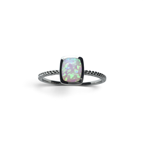 Rare Earth Gallery square white opal ring featuring a unique textured band in a polished silver-tone setting.