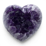 Rare Earth Gallery heart-shaped amethyst crystal cluster with deep purple faceted stones on a white background