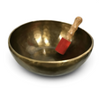 Rare Earth Gallery brass singing bowl in note G with a wooden mallet featuring a red rubber tip for meditation