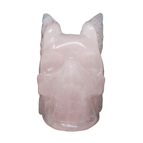 Rose quartz skull with wings carving, front view with wings flared behind