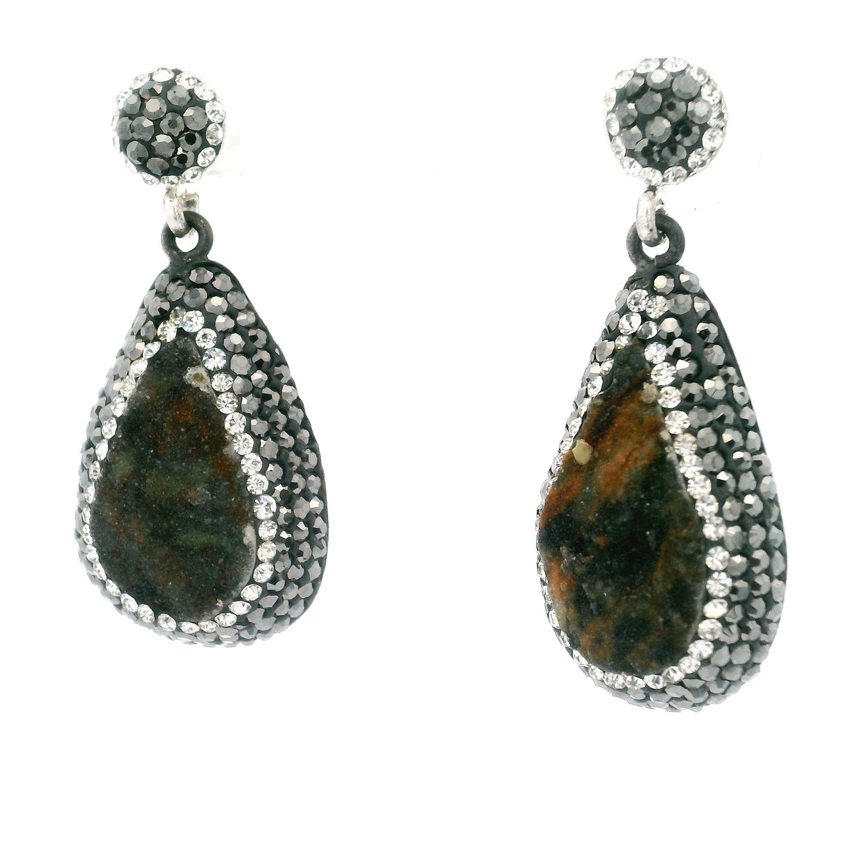 Natural Green Druze Dangle Earrings - Druze Pear with Marcasite & Silver Swarovski Crystals with 925 Sterling Silver
