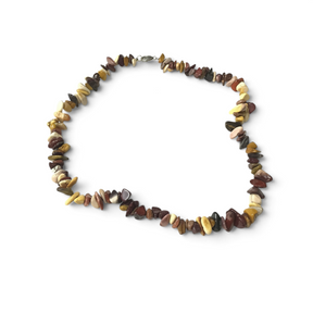 Rare Earth Gallery mookaite chip necklace featuring multi-colored natural stone fragments in earthy tones.