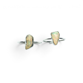 Rare Earth Gallery Ethiopian opal rings featuring angular raw nugget stones set in polished silver bezels