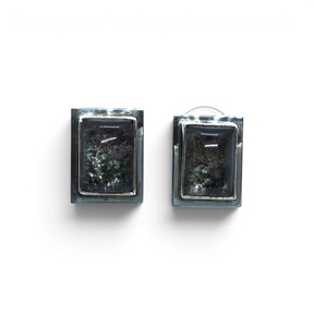 Rare Earth Gallery rectangular Lodolite Garden Quartz earrings featuring a polished silver edge setting.