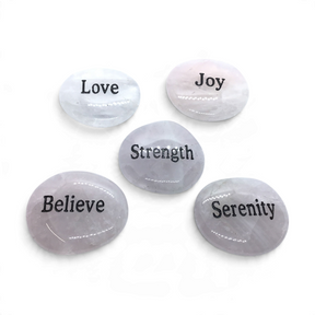 Five rose quartz wishing stones engraved Love, Joy, Strength, Believe and Serenity