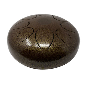 25cm brown pentatonic steel tongue drum, angled view of speckled top and tongues