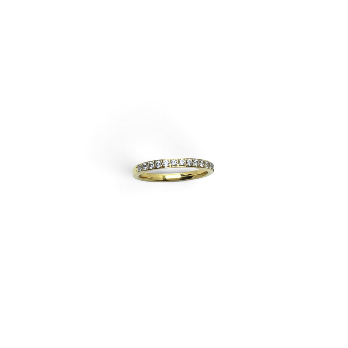 Rare Earth Gallery 2mm titanium ring with gold IP plating and a half-band of sparkling white cubic zirconia stones.