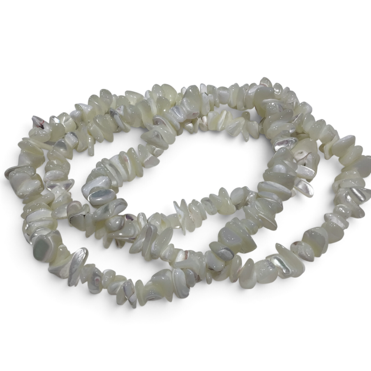 Rare Earth Gallery 32-inch necklace featuring iridescent white mother of pearl chips in a layered strand design.