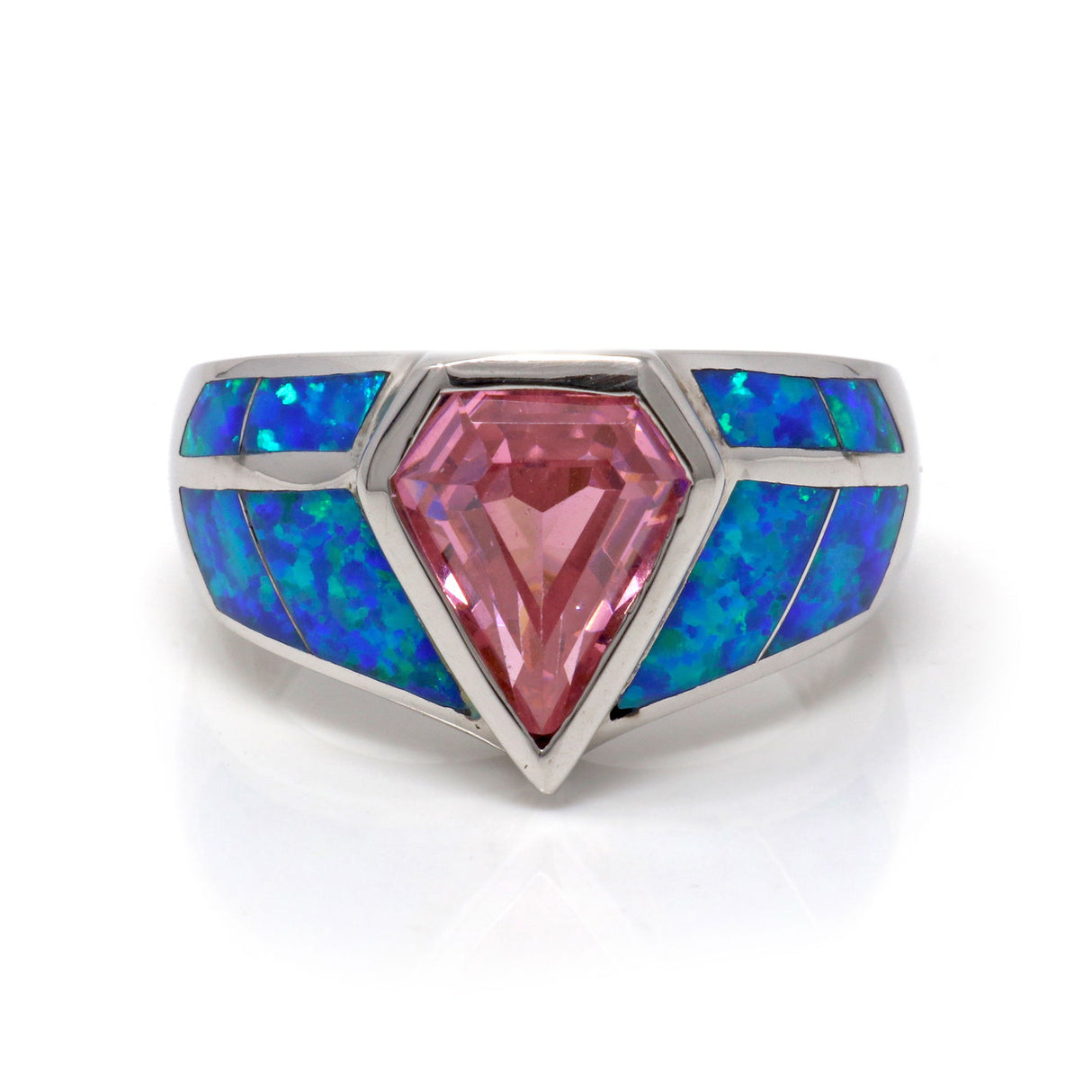 Pink Opal Ring Diamond Cut with Blue Opal Inlay Band