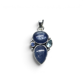 Rare Earth Gallery kyanite pendant featuring oval and pear cabochons with blue topaz accents in sterling silver bezel