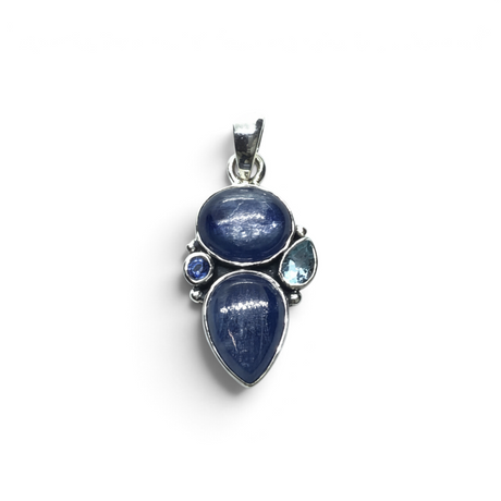 Rare Earth Gallery kyanite pendant featuring oval and pear cabochons with blue topaz accents in sterling silver bezel