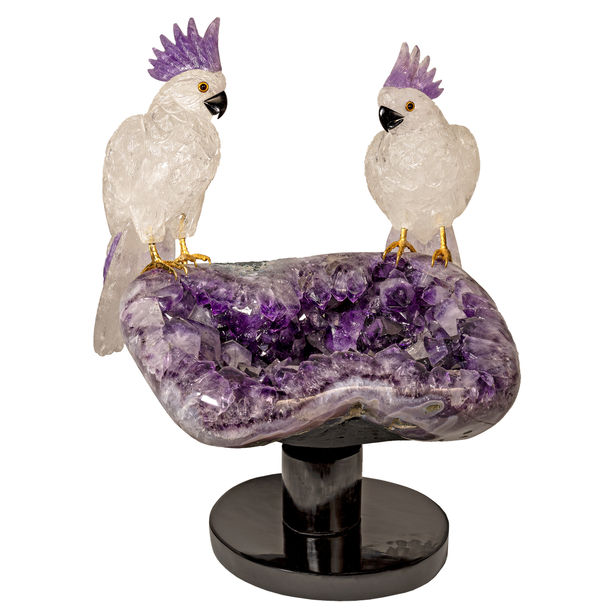 Quartz Cockatoo Couple on Amethyst Geode Bird Bath with Black Rotating Base