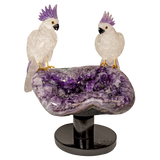 Quartz Cockatoo Couple on Amethyst Geode Bird Bath with Black Rotating Base