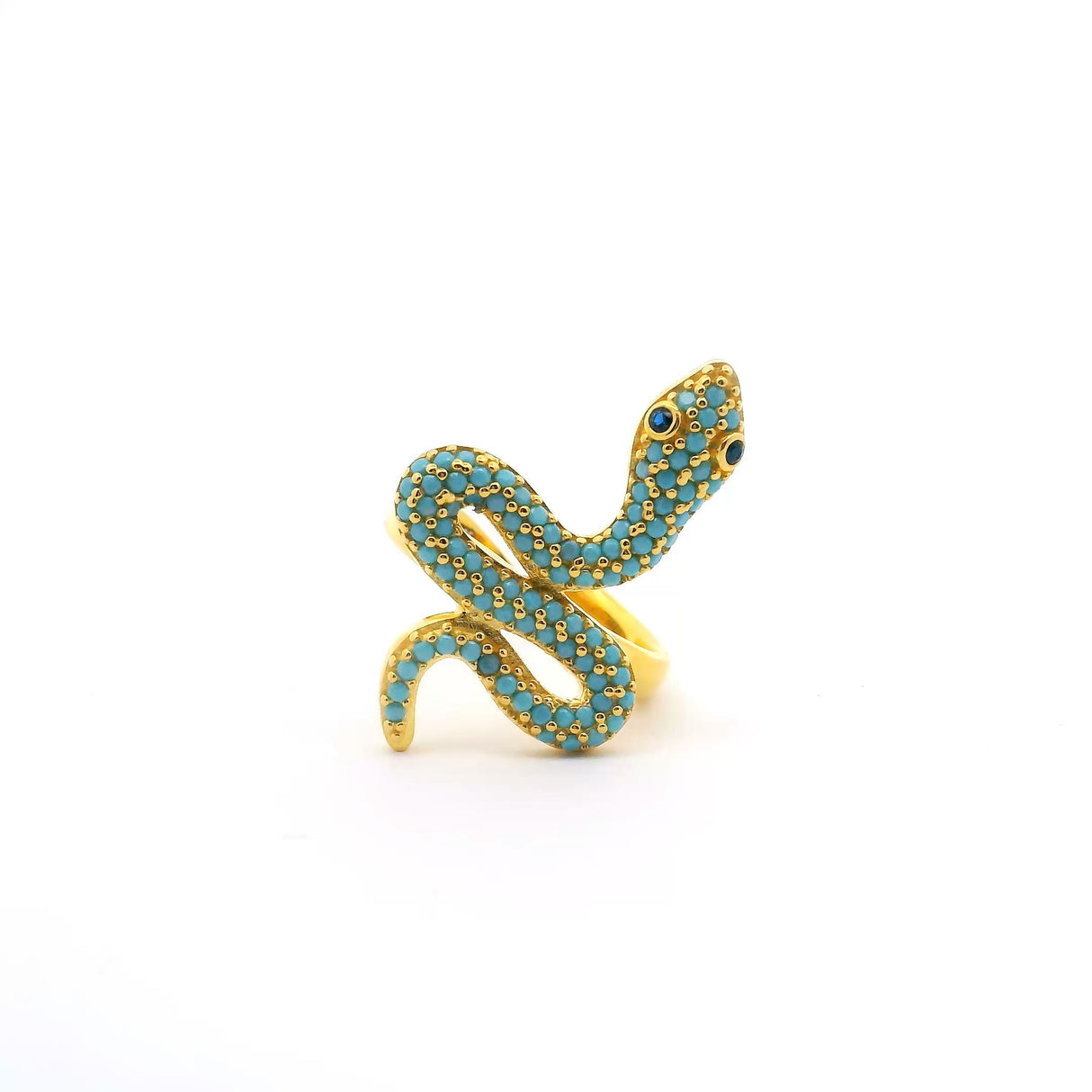 Nano Crystal Ring - Turquoise Snake with Blue Eyes in Gold Vermeil over 925 Sterling Silver szAdj