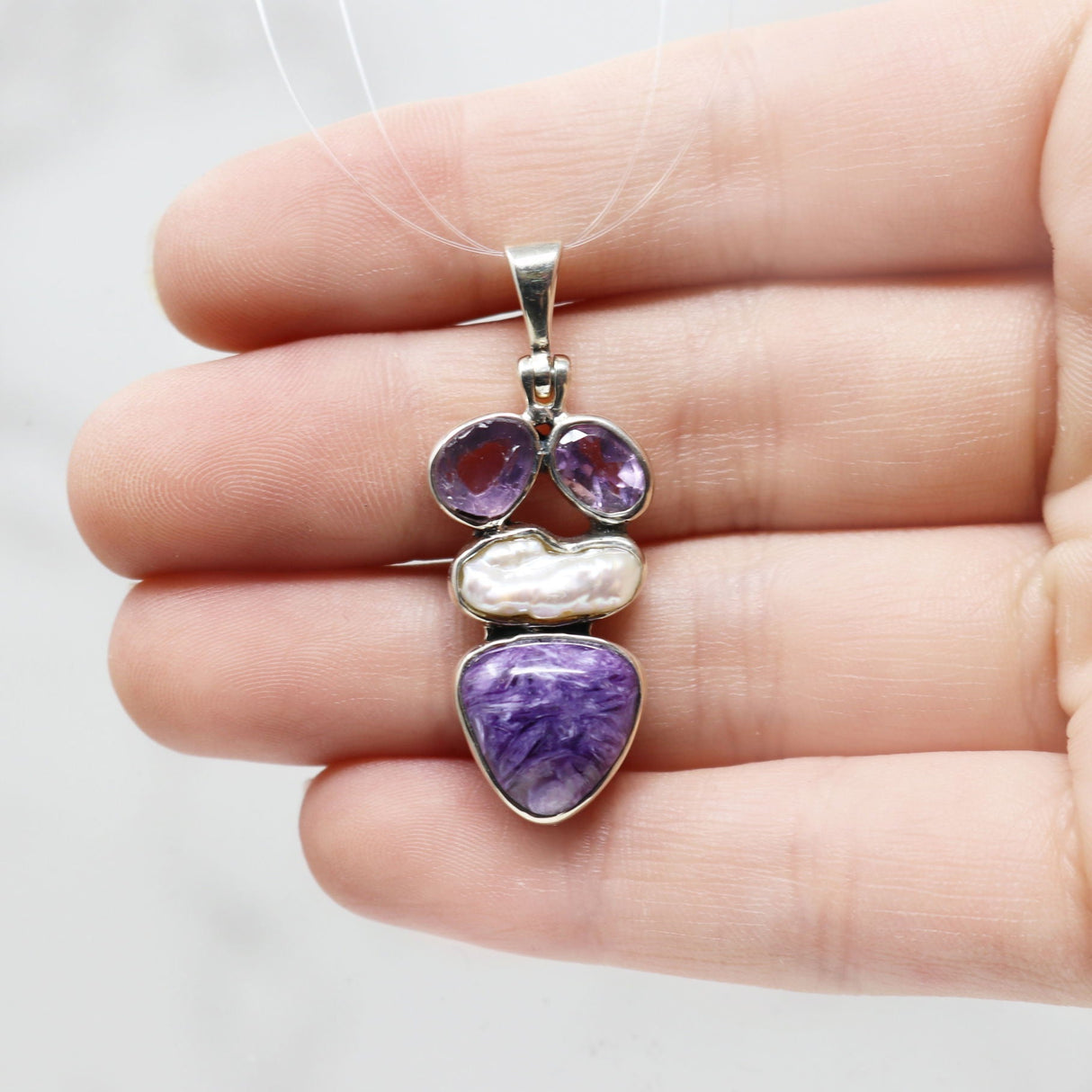 Charoite Pendant - Triangular Cabochon with Faceted & Rough Amethyst Ovals & Freshwater Pearl with 925 Sterling Silver Bezels