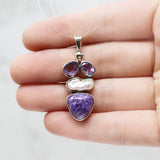 Charoite Pendant - Triangular Cabochon with Faceted & Rough Amethyst Ovals & Freshwater Pearl with 925 Sterling Silver Bezels