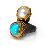 New Mexico Turquoise Ring Size 7.5 - Stacked Voluptuous Pear Cabochon & Pearl with Gold Vermeil Bezels & Beading on Stamped Oxidized Sterling Silver Band