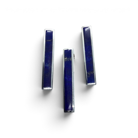 Rare Earth Gallery minimalistic bar pendants featuring deep blue Lapis Lazuli stone set in polished silver frames.