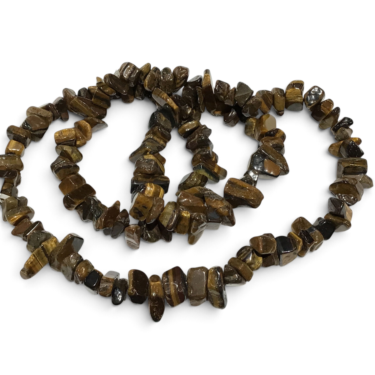 Tigers eye chunky chip necklace of polished golden-brown banded stones, 30 inches long