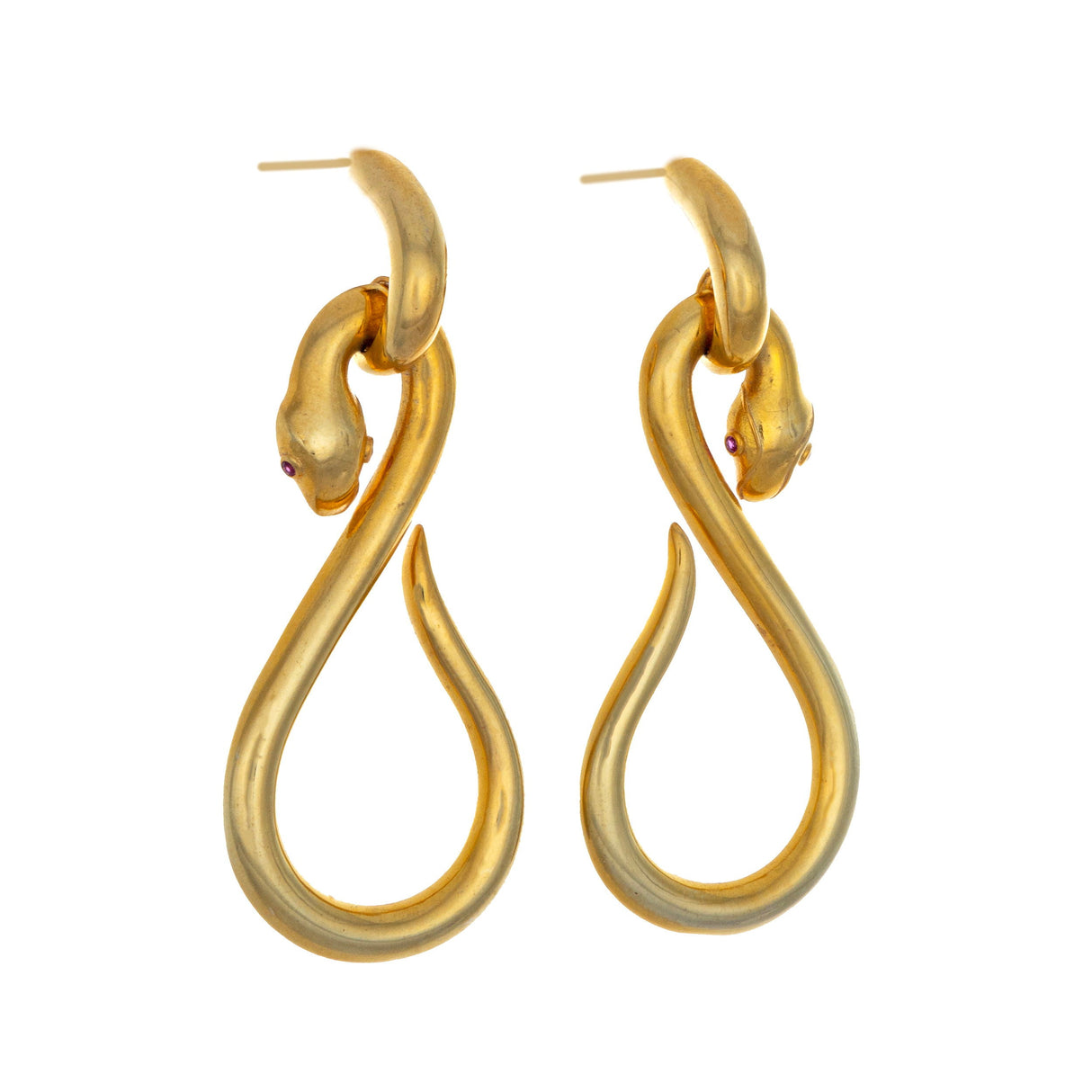 Gold Vermeil Snake Dangle Earrings On-post - 925 Armasa Silver Curling Snake with Magenta Crystal Eyes - Full Gold Vermeil Finish & Huggee Post