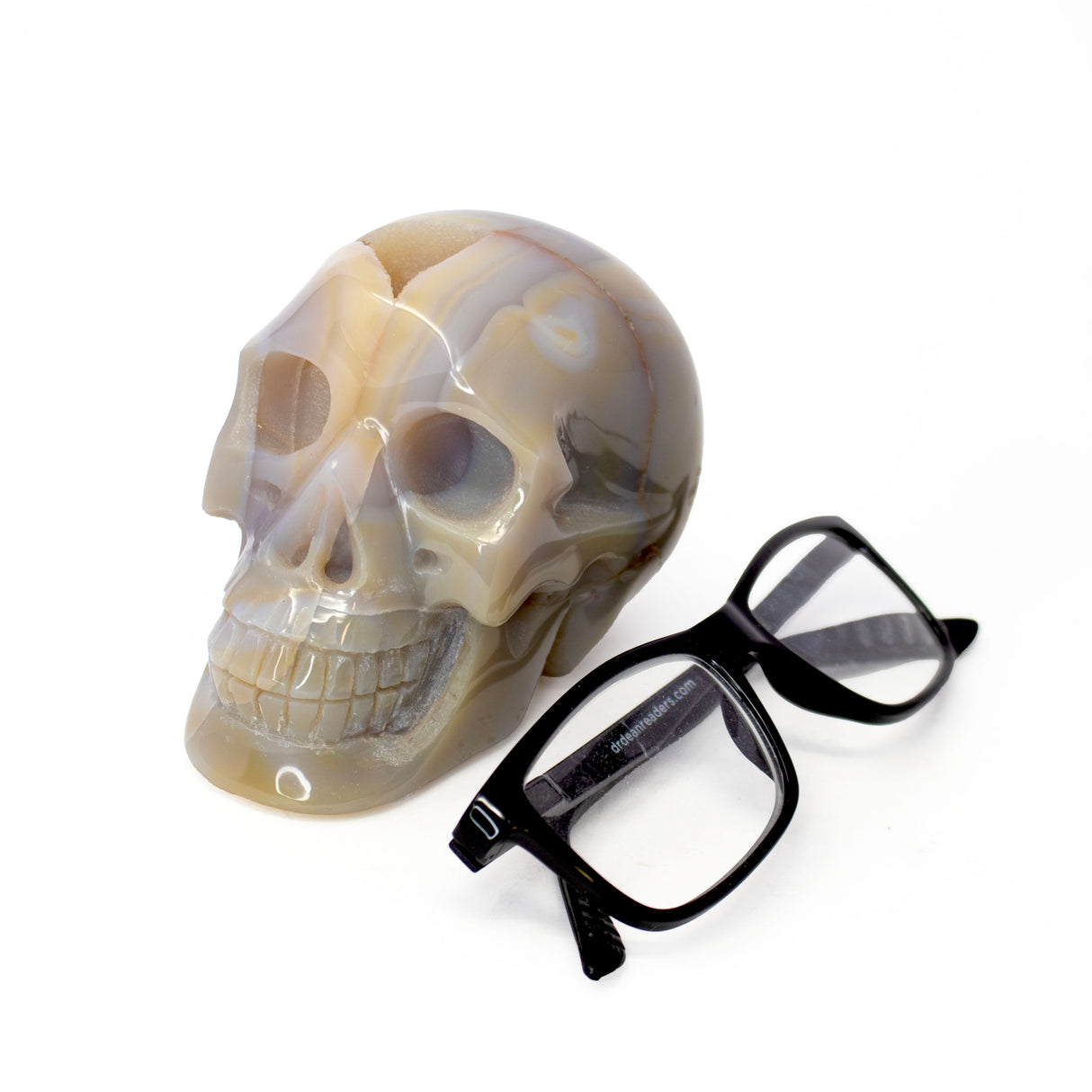 Agate Geode Skull Carving With Druze Pocket