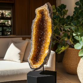 Citrine geode sculpture on a stand in a living room setting with plants and a couch.